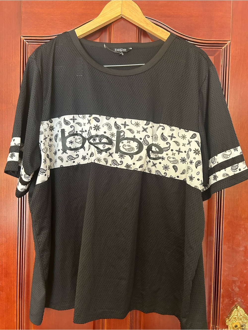 bebe Black Short Sleeve Tee with White Band Graphic